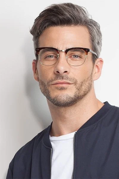 a man wearing Borderline in color Browline Tortoise and 5 trendy readers for 2023