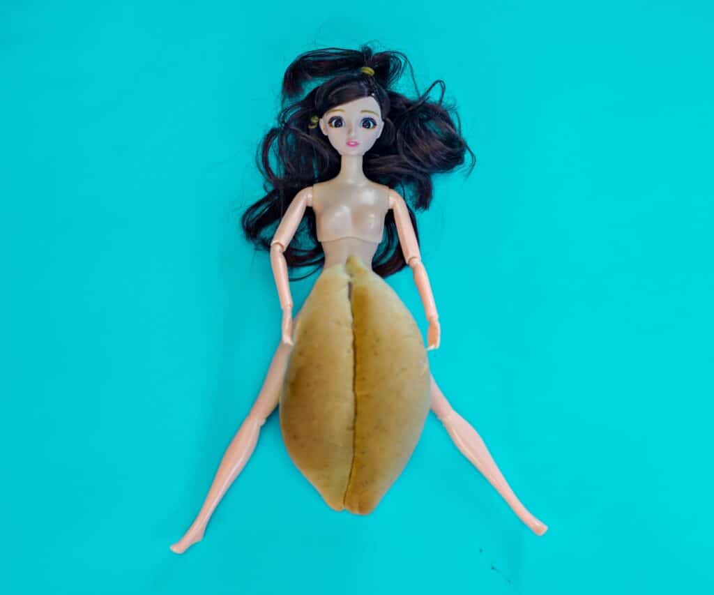 a photo of a barbie with a fruit as vagina and orgasms after 40 oh yes